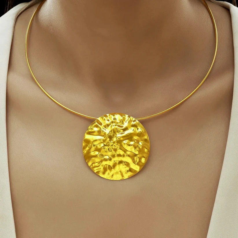 Gold Plated, Hammered Brass Plate Necklace Set With Earrings✨