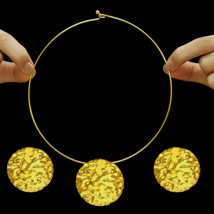 Gold Plated, Hammered Brass Plate Necklace Set With Earrings✨