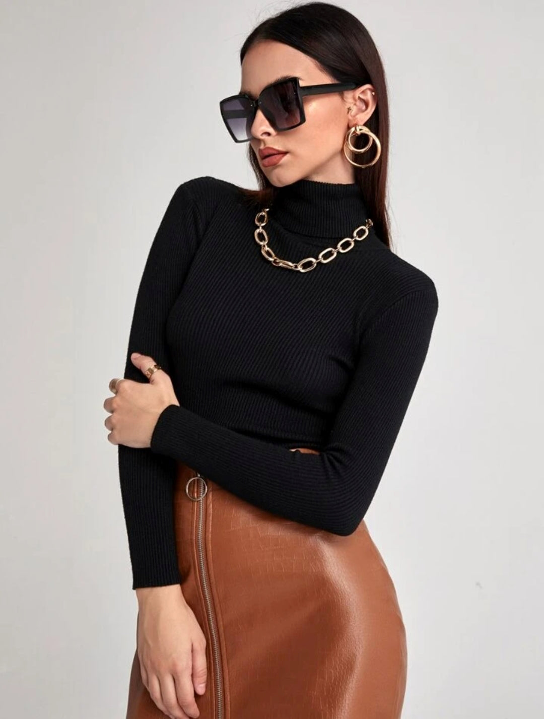 High-Neck Ribbed Solid Top for Women.