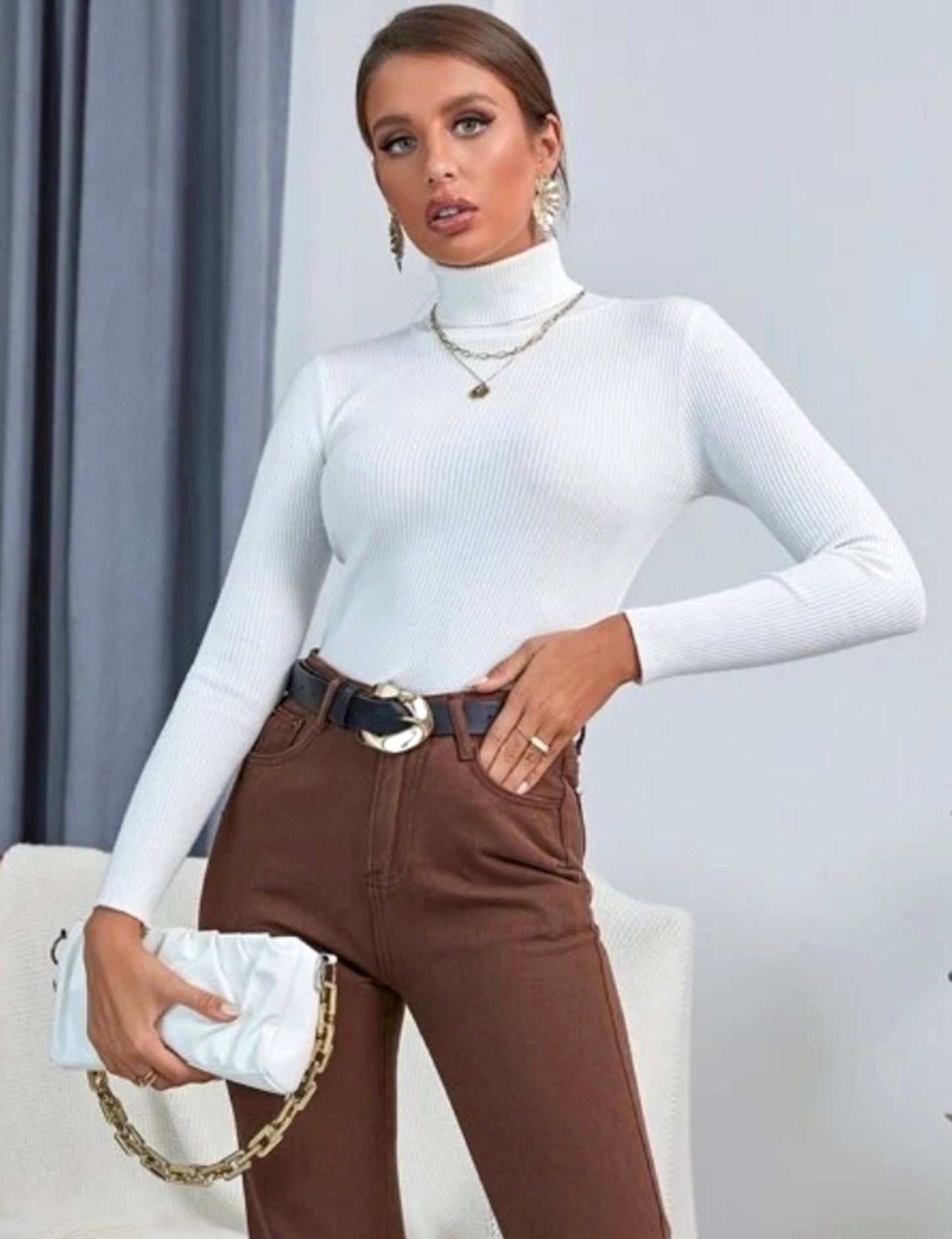 High-Neck Ribbed Solid Top for Women.