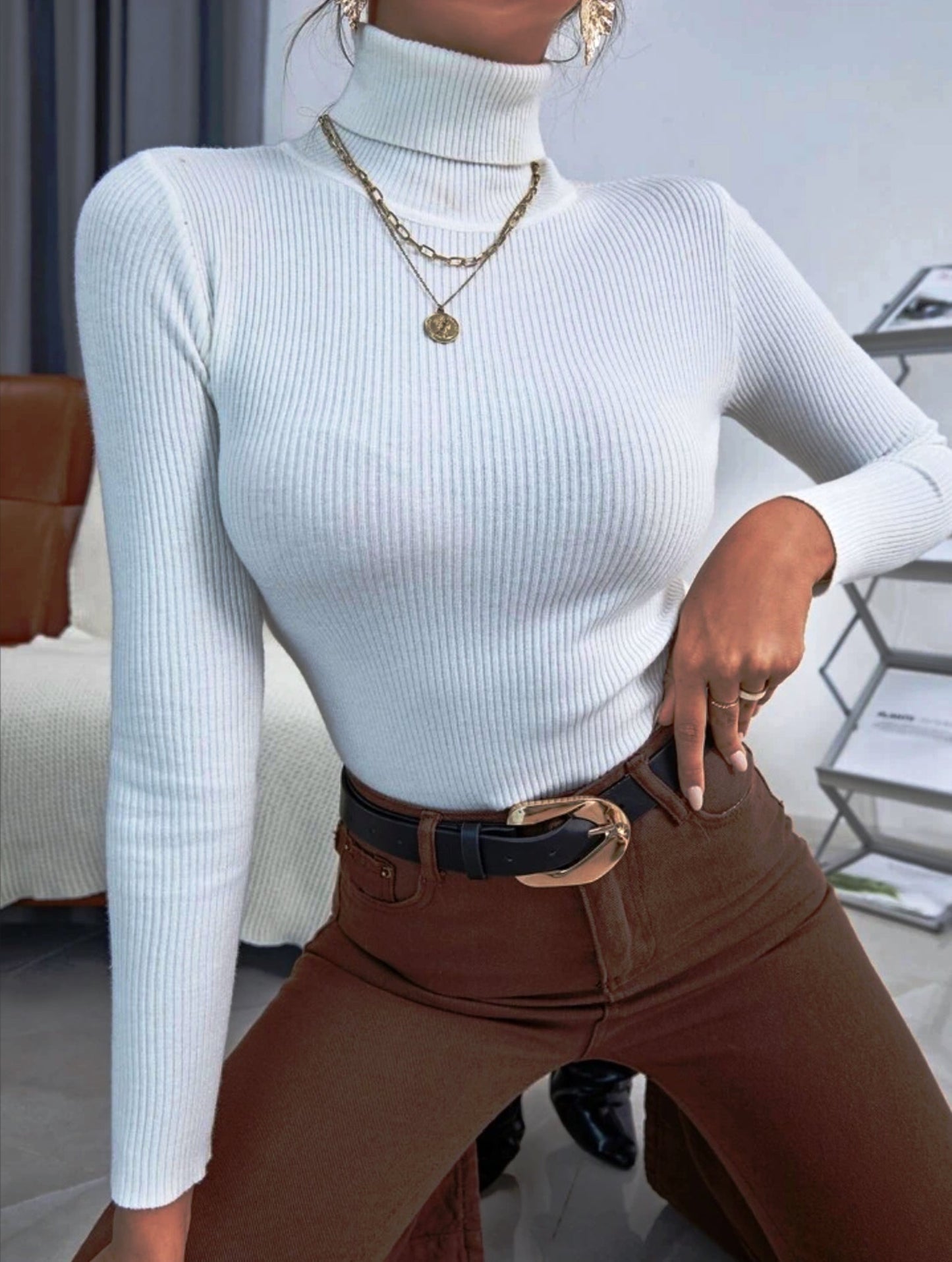 High-Neck Ribbed Solid Top for Women.