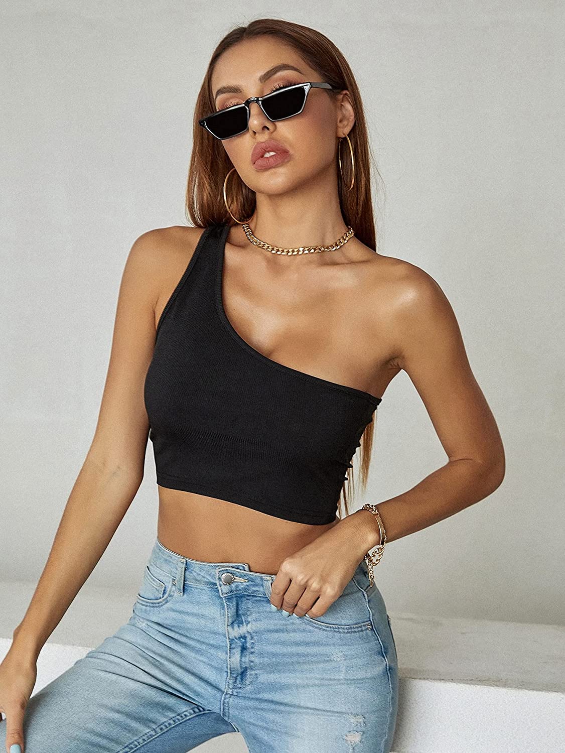 Black One shoulder Rib Crop Top