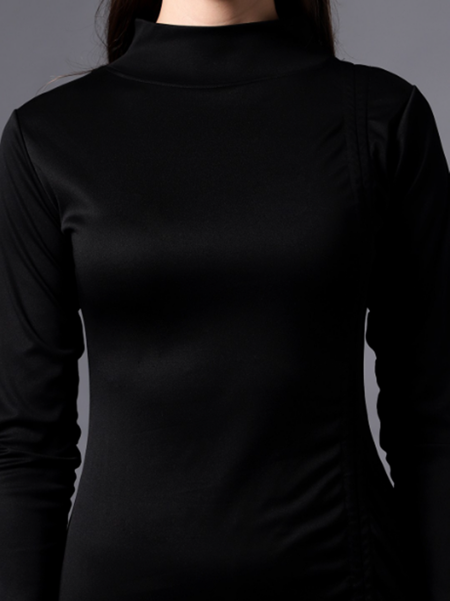 Turtle Neck Black Mini Dress with Drawstring design