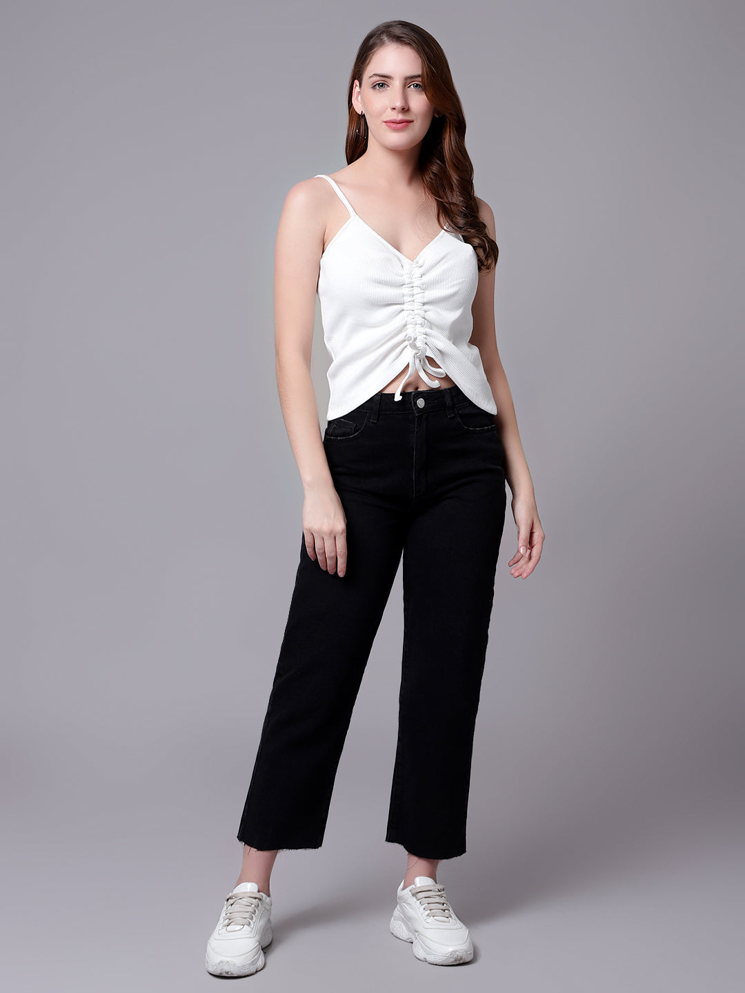 White Drawstring Rib top for women