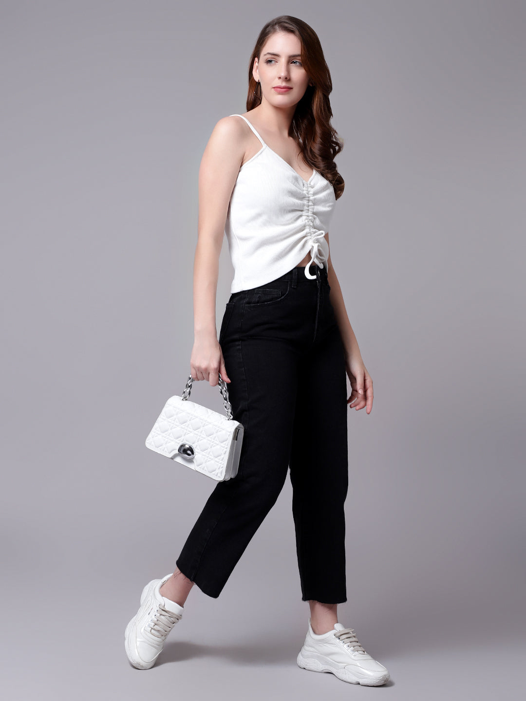 White Drawstring Rib top for women