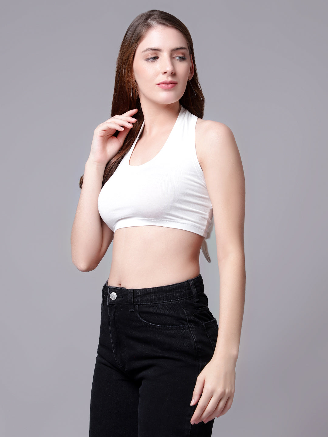 Halter Neck Off White Crop Top For Women