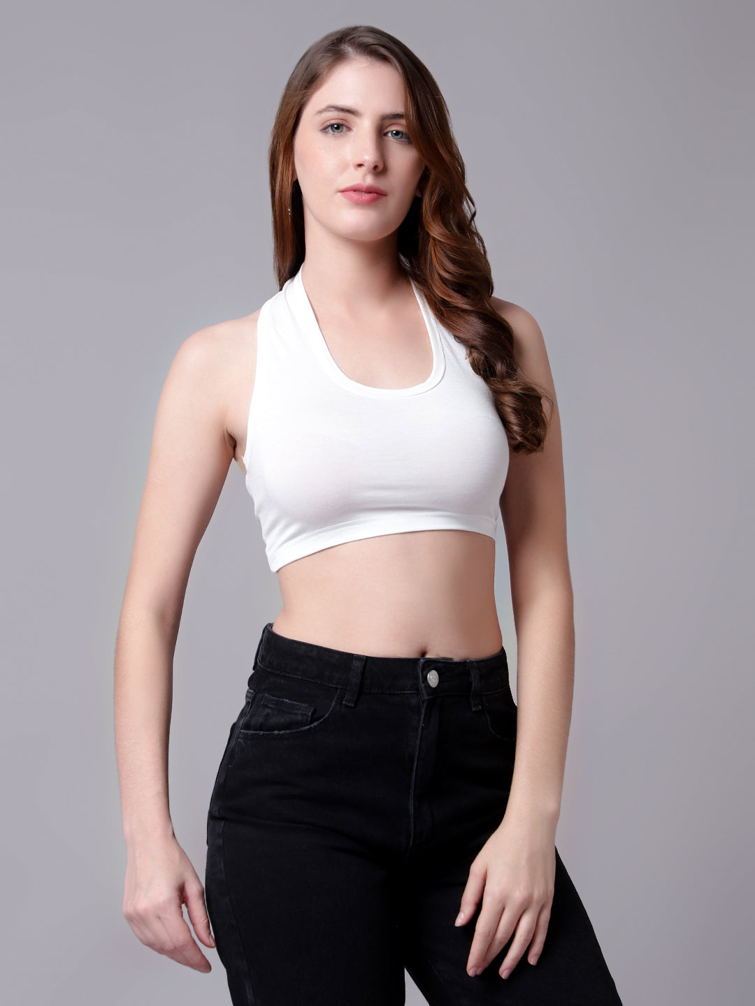 Halter Neck Off White Crop Top For Women