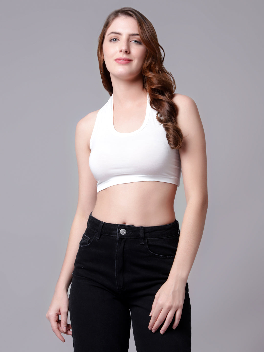 Halter Neck Off White Crop Top For Women