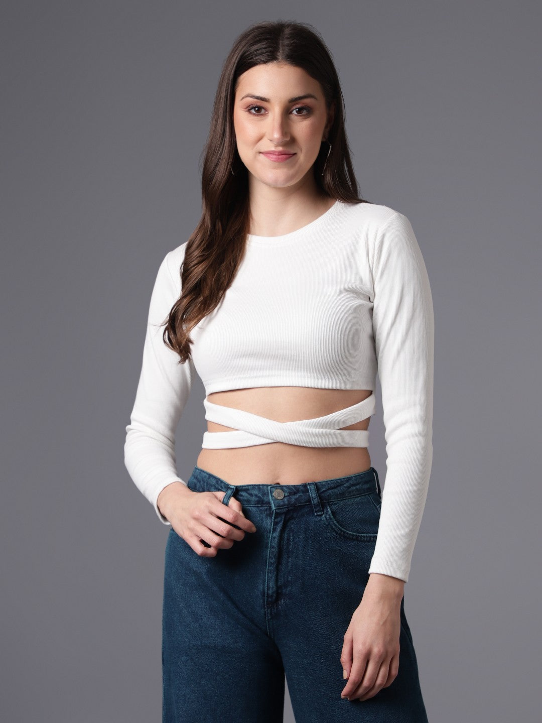 Full Sleeve White Rib Crop Top