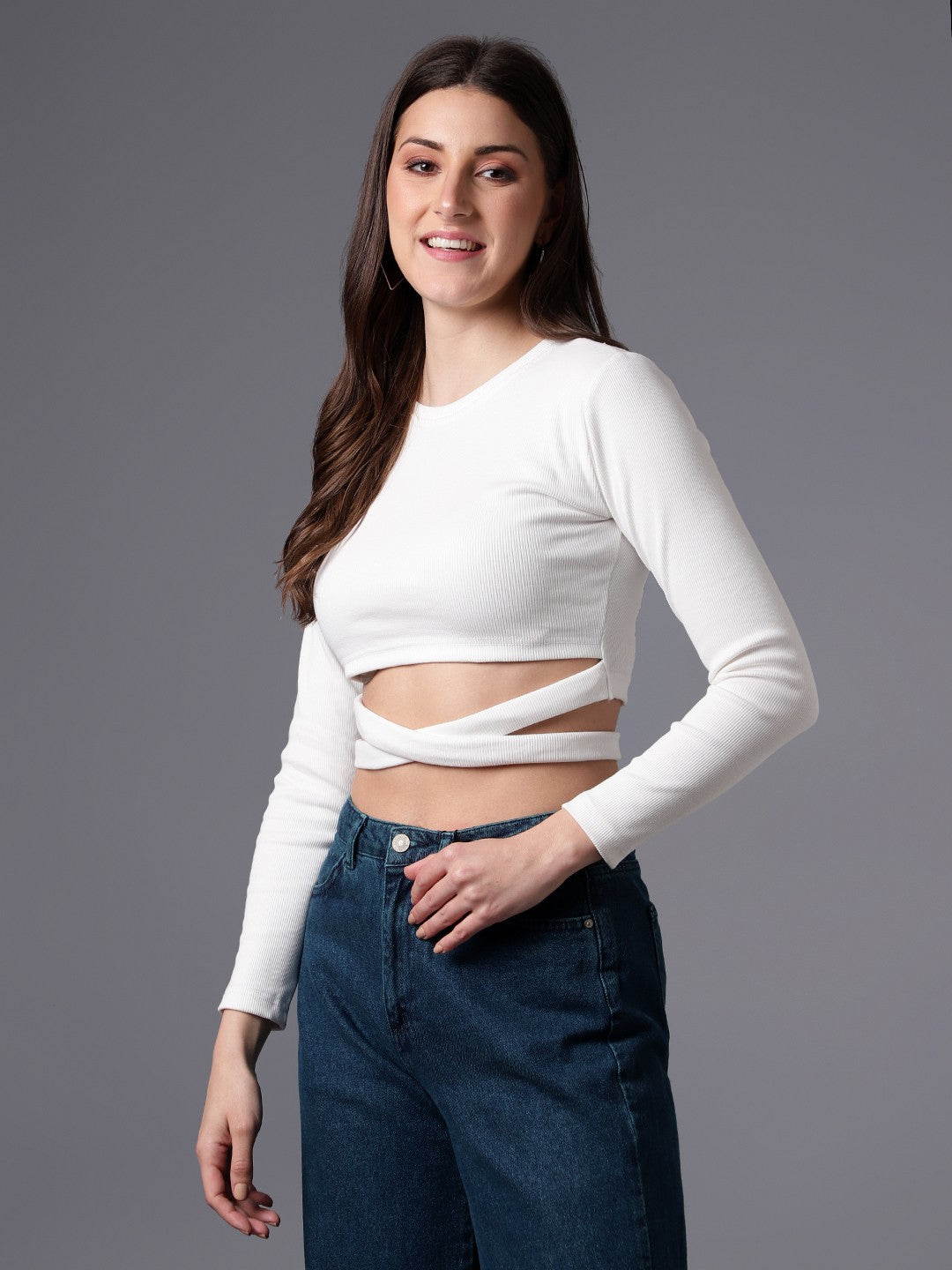 Full Sleeve White Rib Crop Top