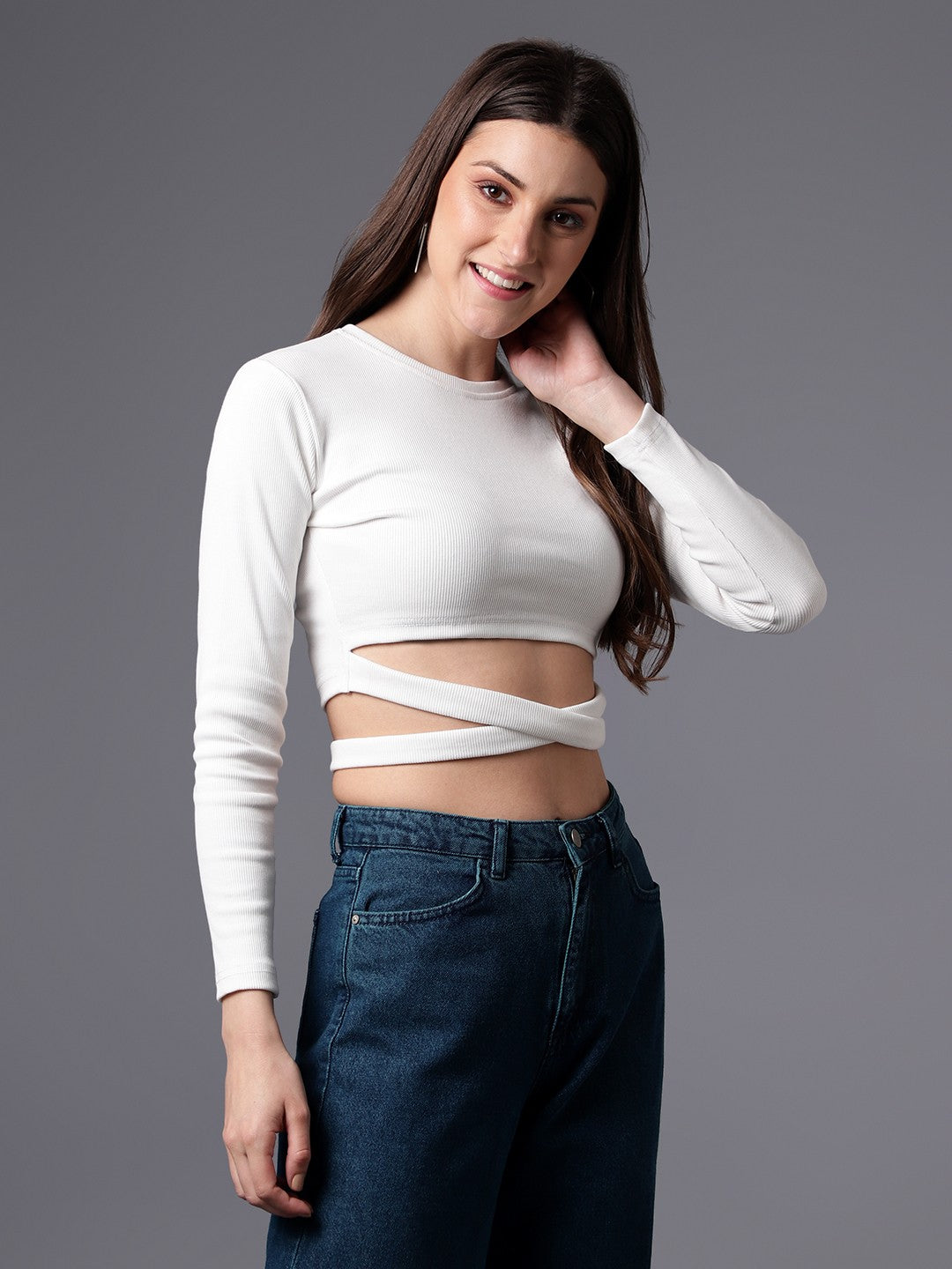 Full Sleeve White Rib Crop Top