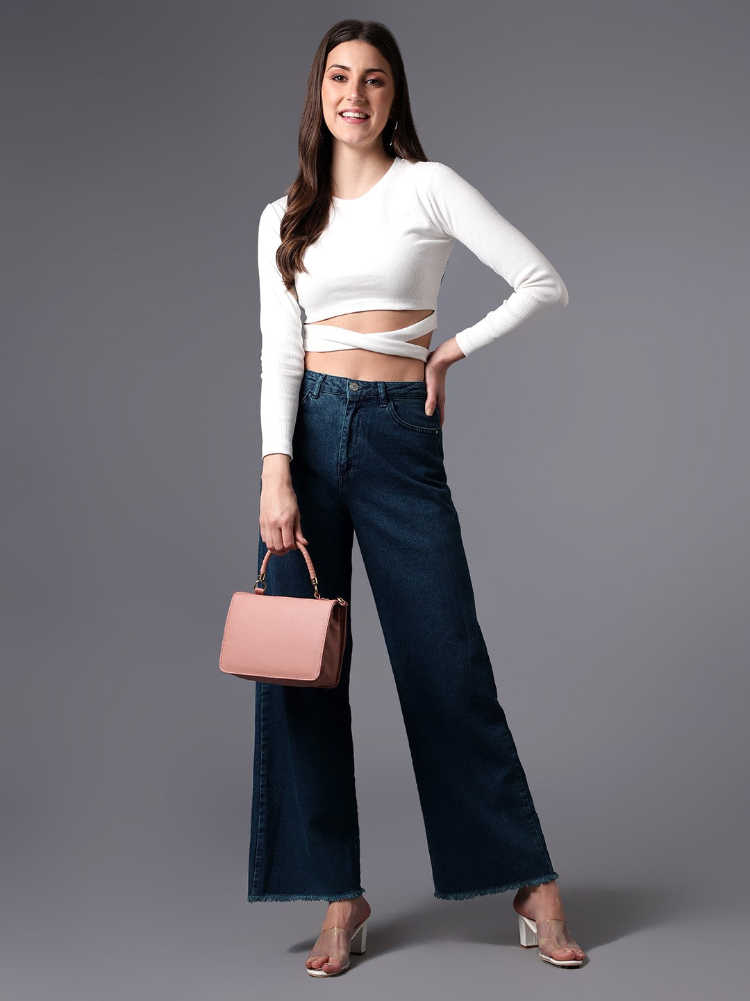 Full Sleeve White Rib Crop Top