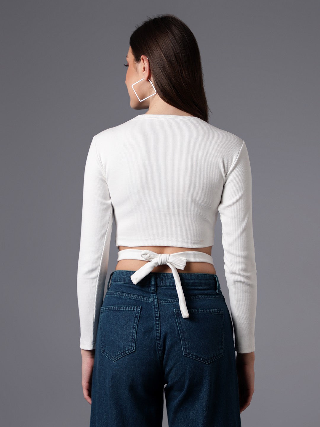 Full Sleeve White Rib Crop Top