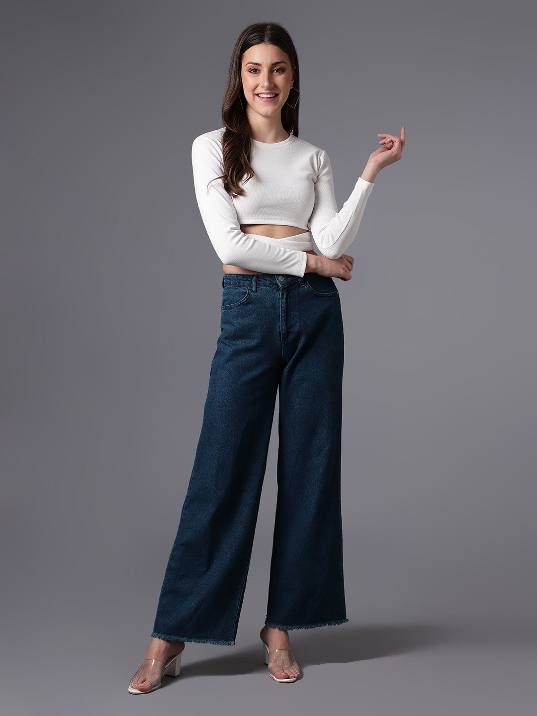 Full Sleeve White Rib Crop Top