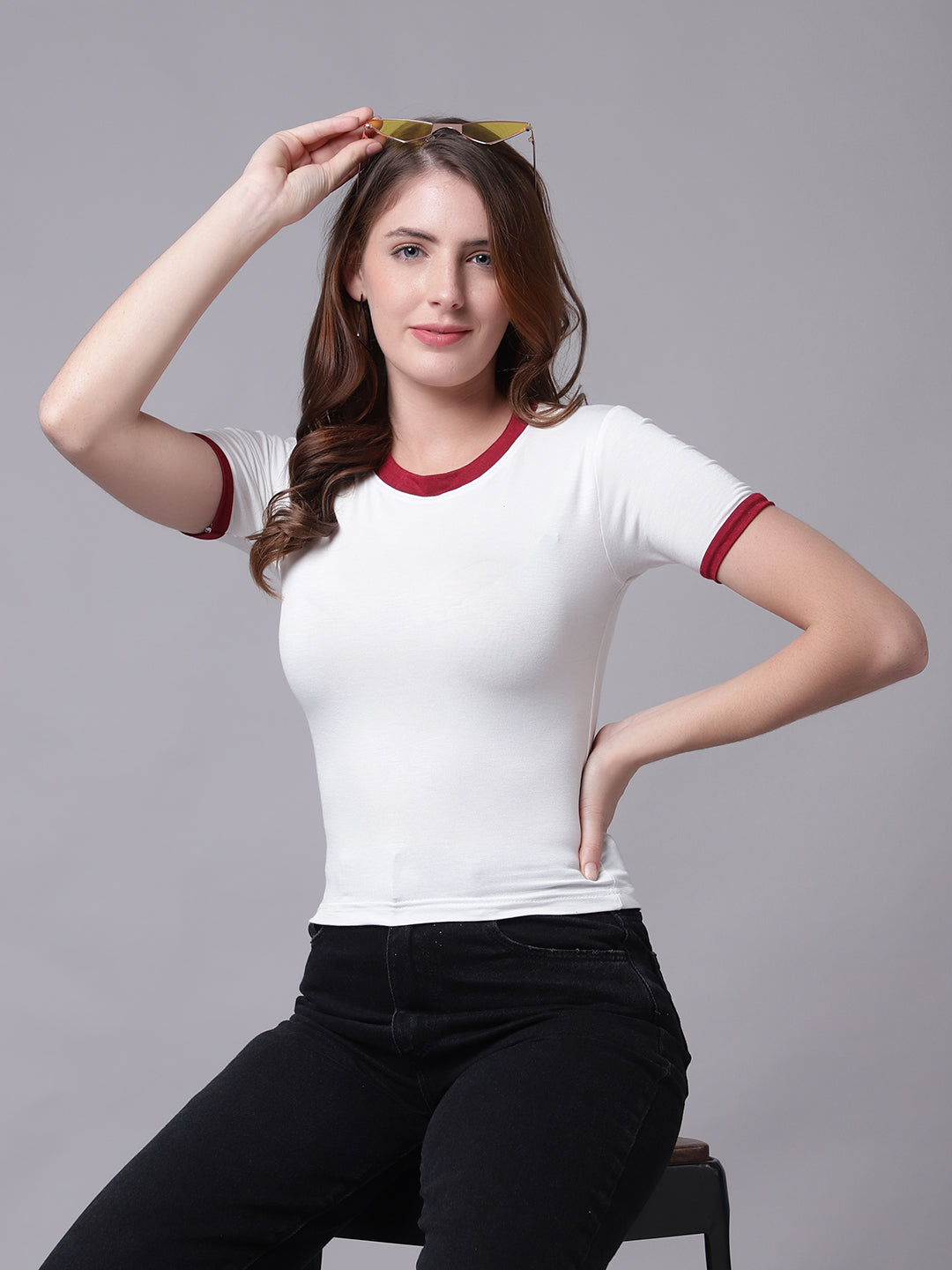 Off White Contrast Neck Half Sleeve T-Shirt