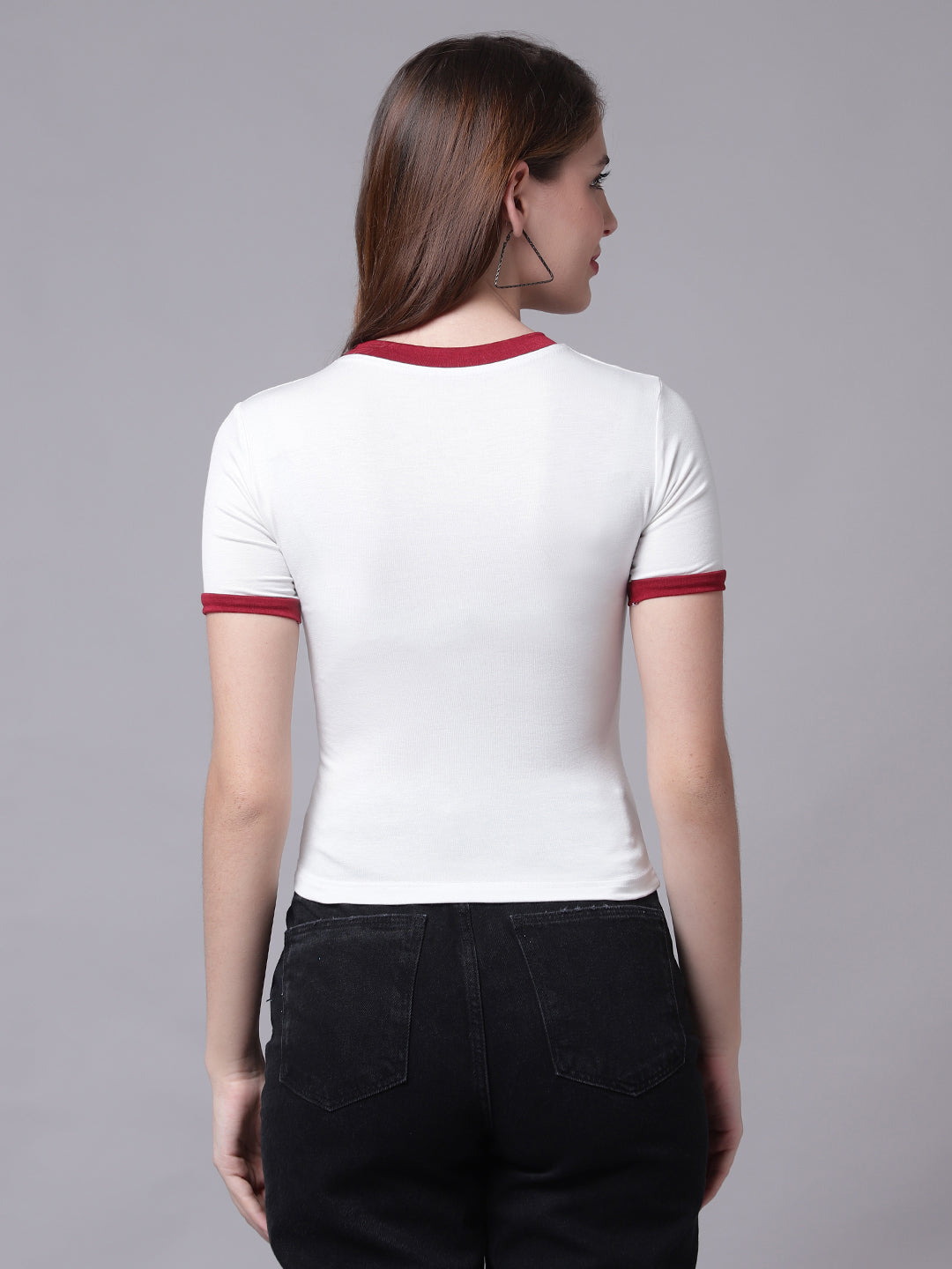 Off White Contrast Neck Half Sleeve T-Shirt