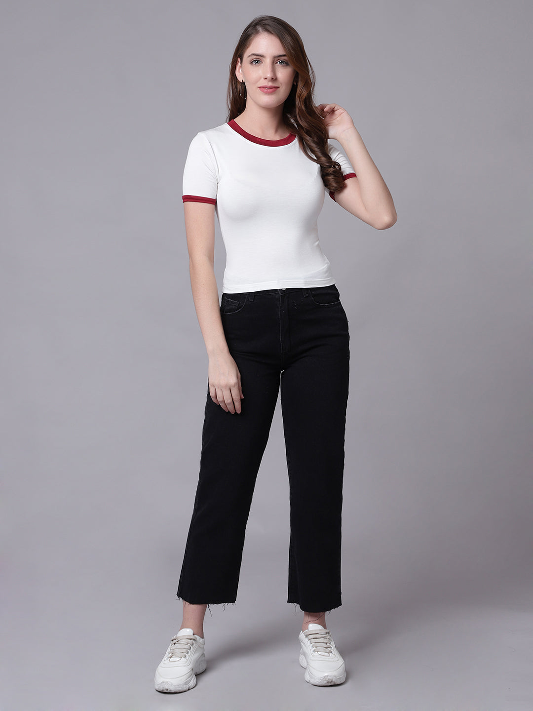 Off White Contrast Neck Half Sleeve T-Shirt