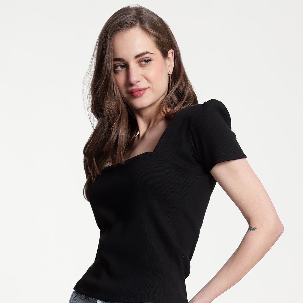Black Ribbed Crop Top for Women
