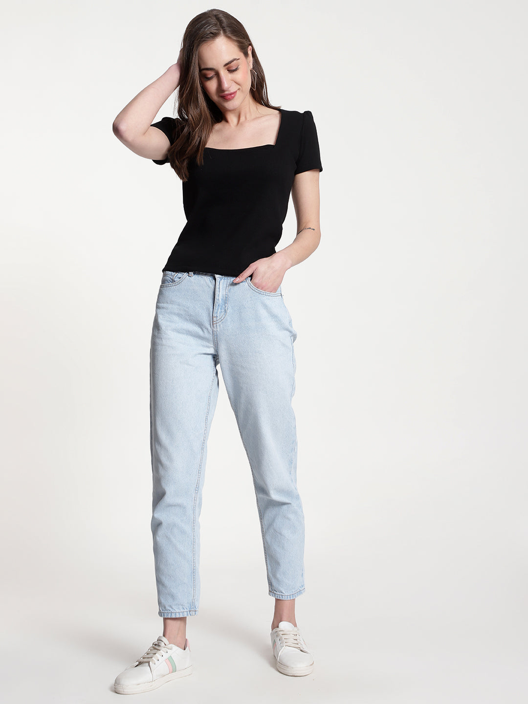 Black Ribbed Crop Top for Women