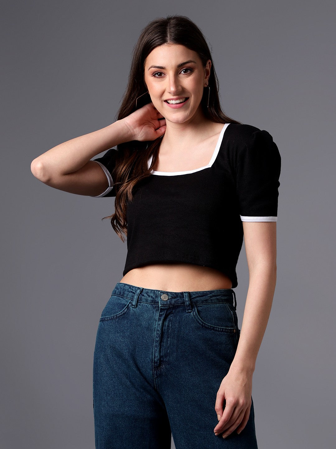 Black Square Neck Rib Crop Top