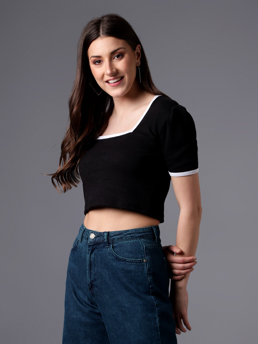 Black Square Neck Rib Crop Top