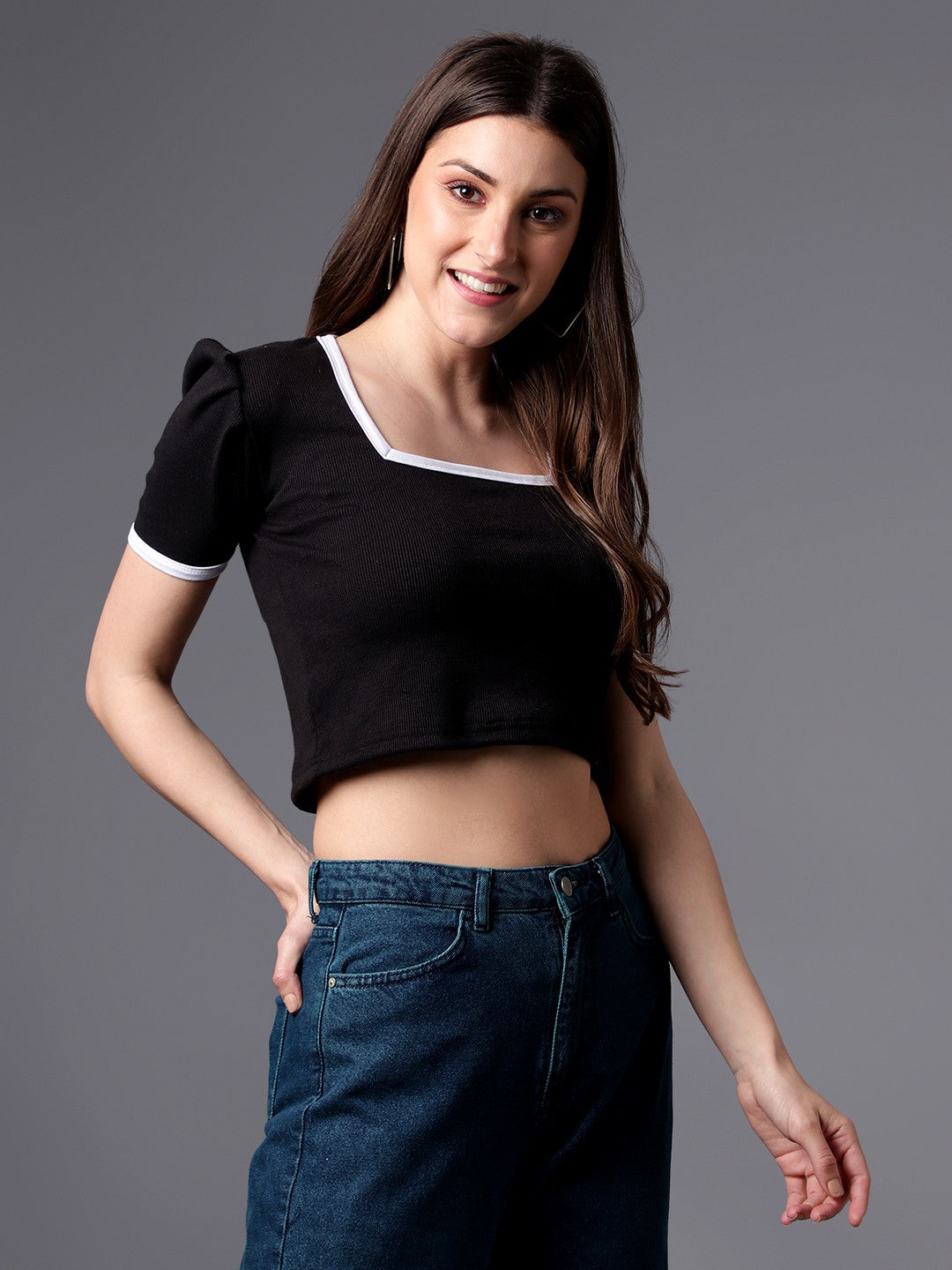 Black Square Neck Rib Crop Top