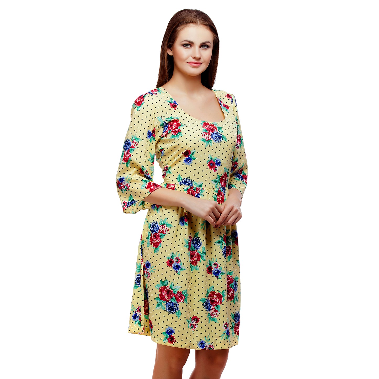 Yellow Printed Knee Length Dress