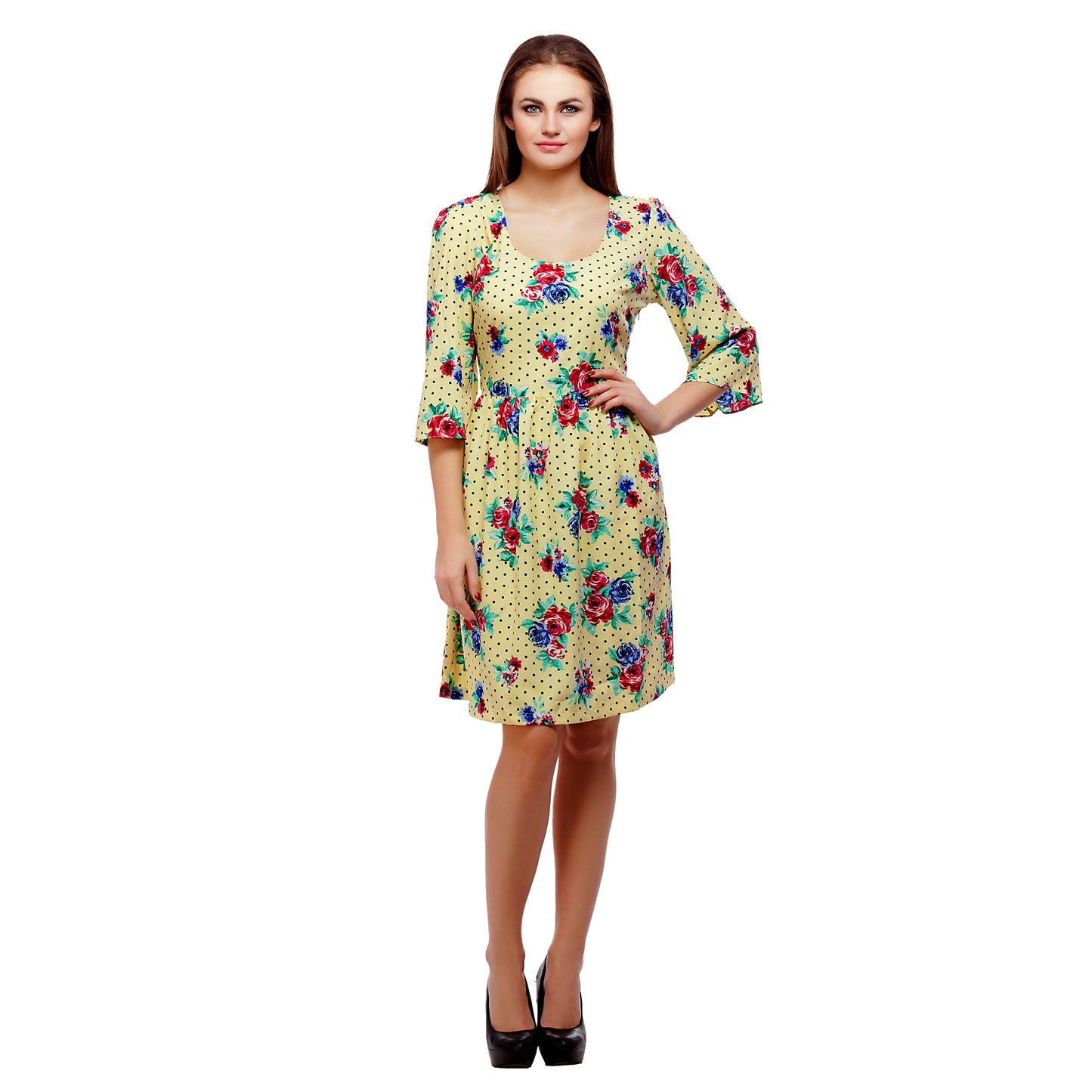 Yellow Printed Knee Length Dress