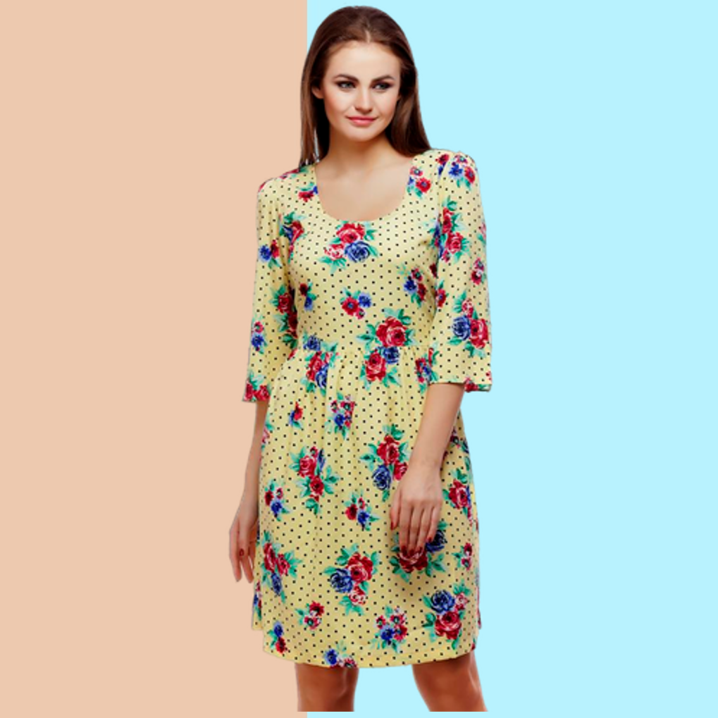 Yellow Printed Knee Length Dress