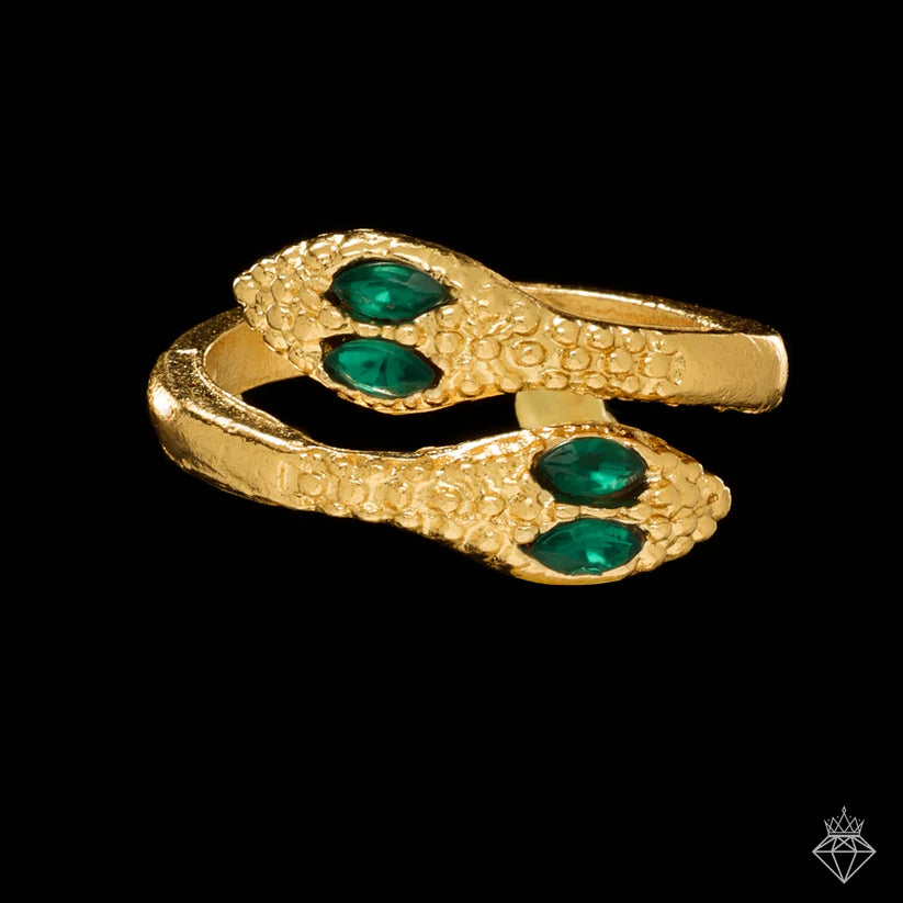 Gold Plated, 5 Anti-Tarnish Golden Snake & Emerald Rings Set✨