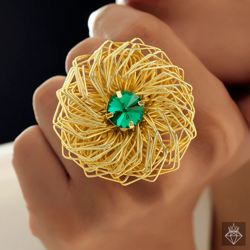 Gold Plated, Golden Nest Emerald Ring (Adjustable Size)