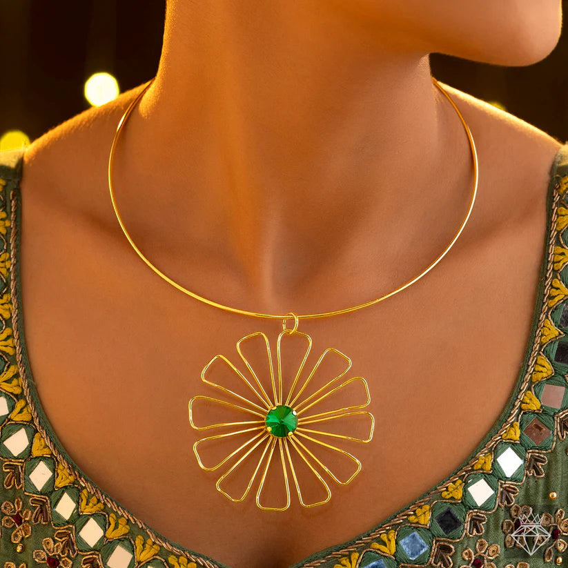 Gold Plated, Anti-Tarnish Golden Flower & Emerald Necklace✨