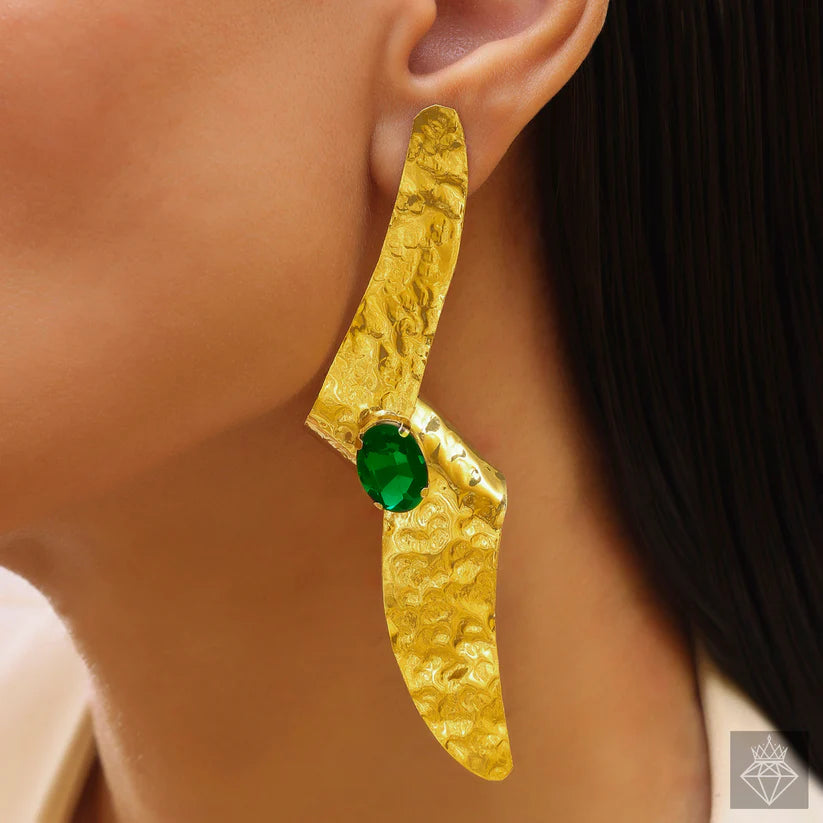 Gold Plated, Anti-Tarnish Hammered Folded Emerald Earrings✨