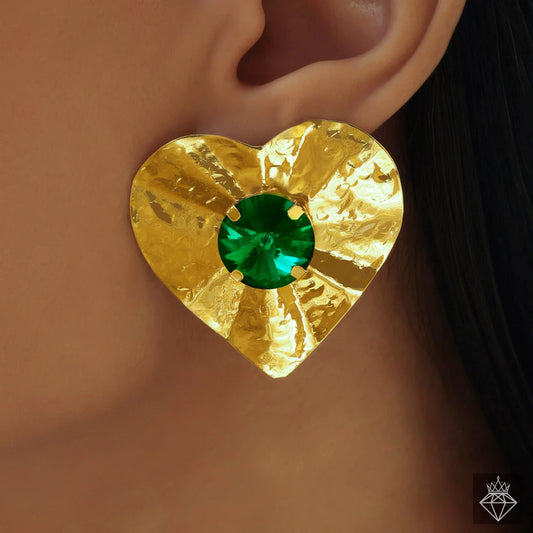 Gold Plated, Anti-Tarnish Golden Heart Hammered Studs With Emerald Crystal✨