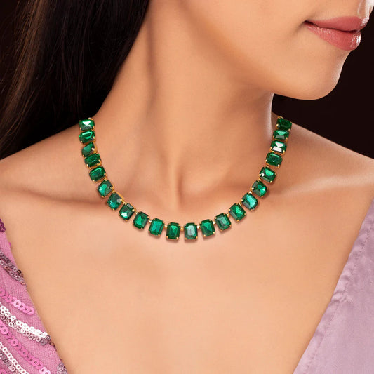 Gold Plated, Single-Line Emerald Necklace Set With Earrings