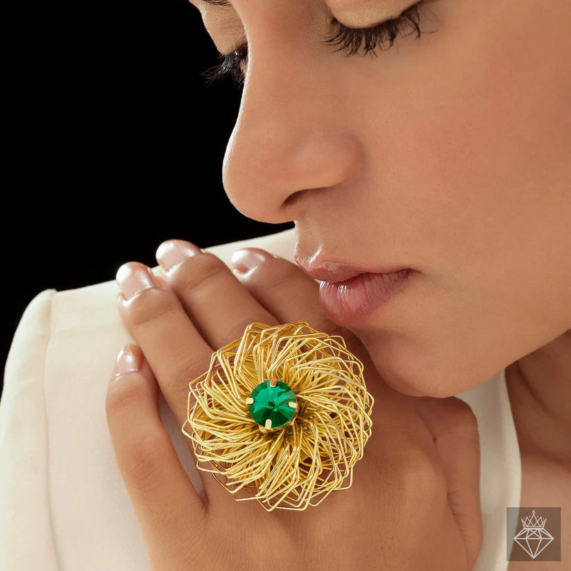 Gold Plated, Golden Nest Emerald Ring (Adjustable Size)