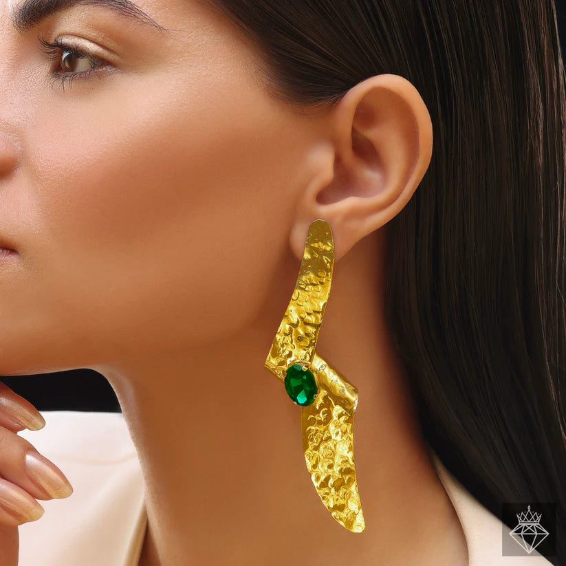 Gold Plated, Anti-Tarnish Hammered Folded Emerald Earrings✨