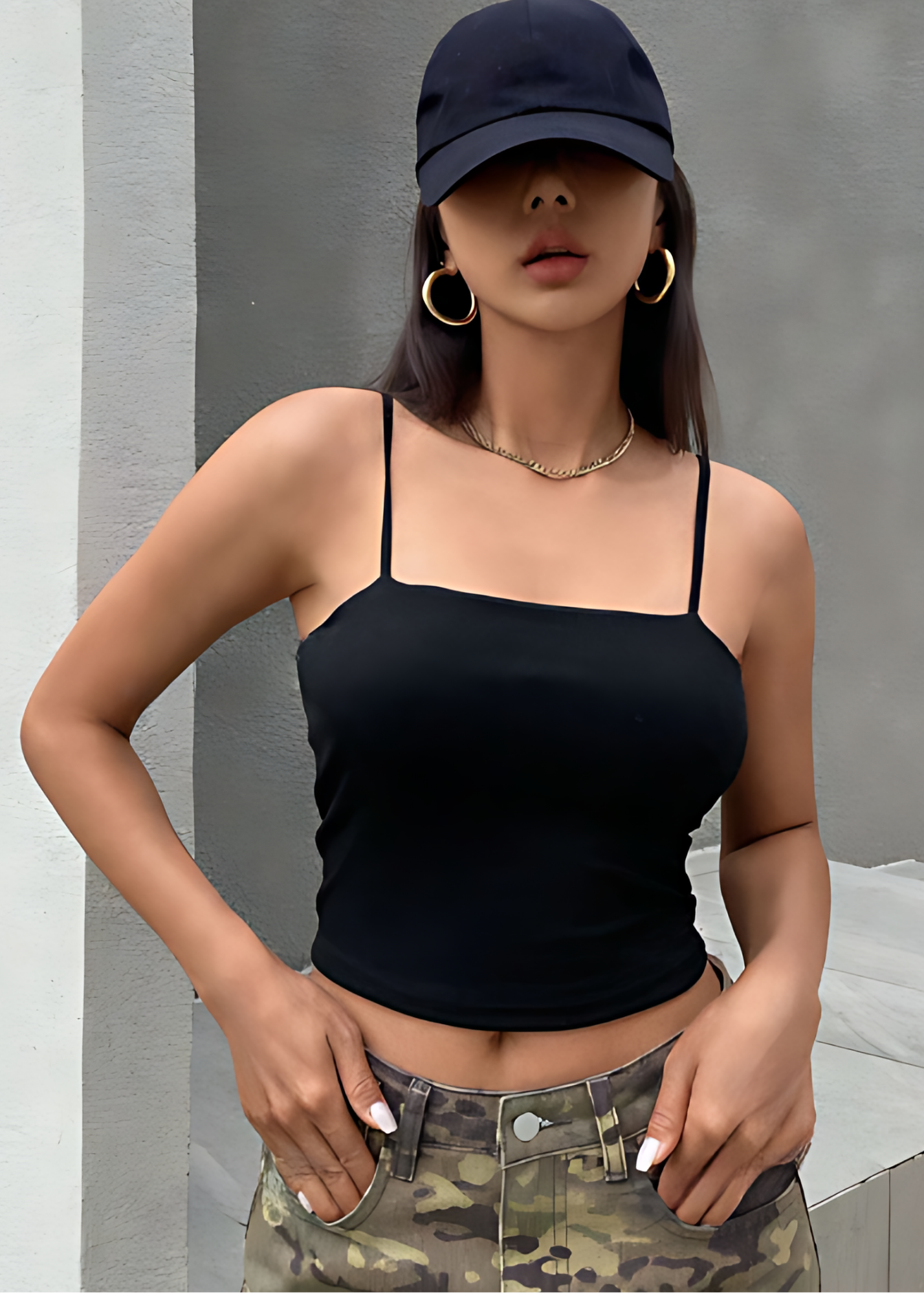 Black Ribbed Spaghettis Sleeveless Top for Women