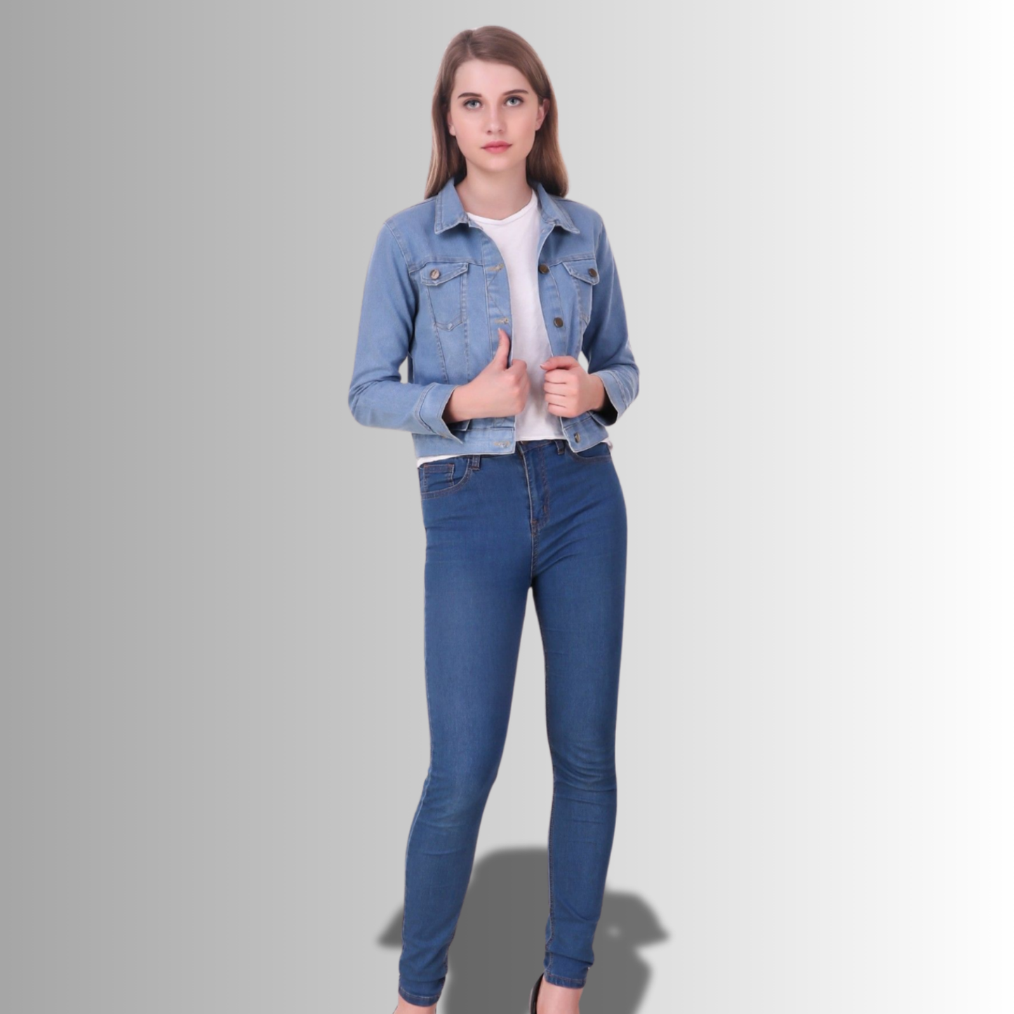 Light Blue Washed Look Denim Jacket for Women