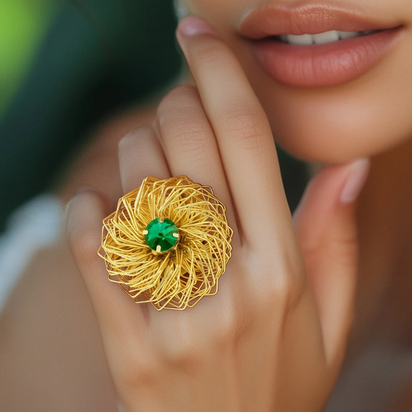 Gold Plated, Golden Nest Emerald Ring (Adjustable Size)