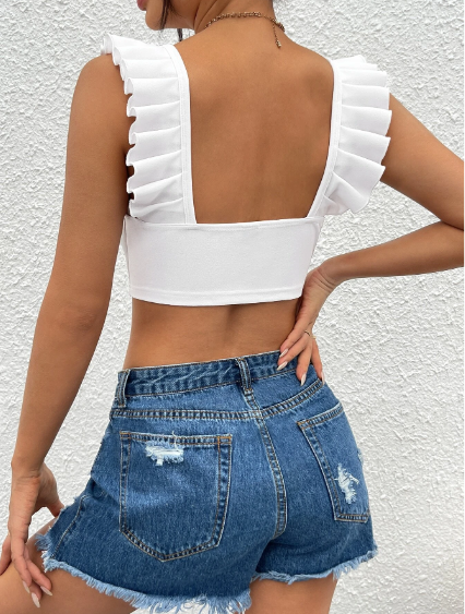 Ribbed Frill Sleeves crop top for women