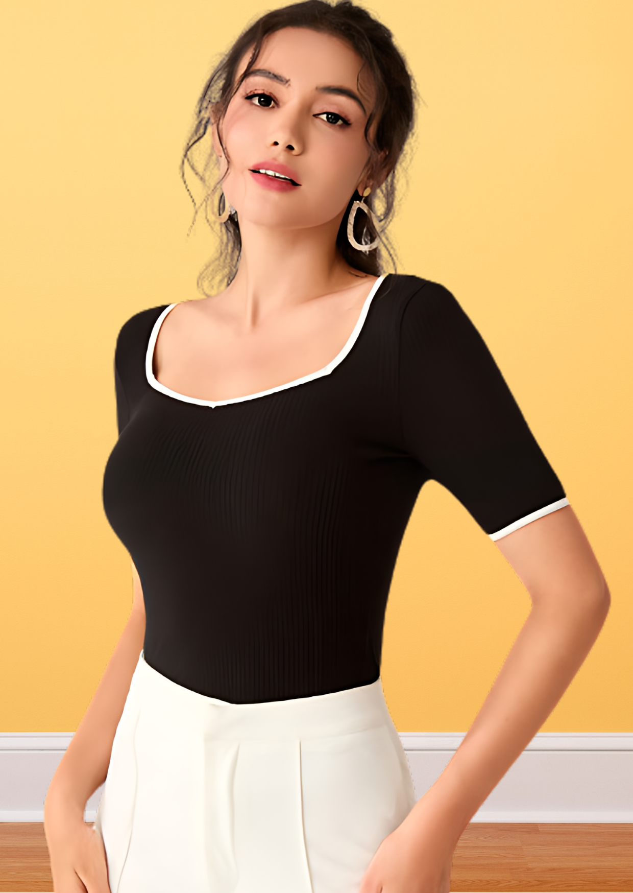 Black Solid ribbed Top for Women