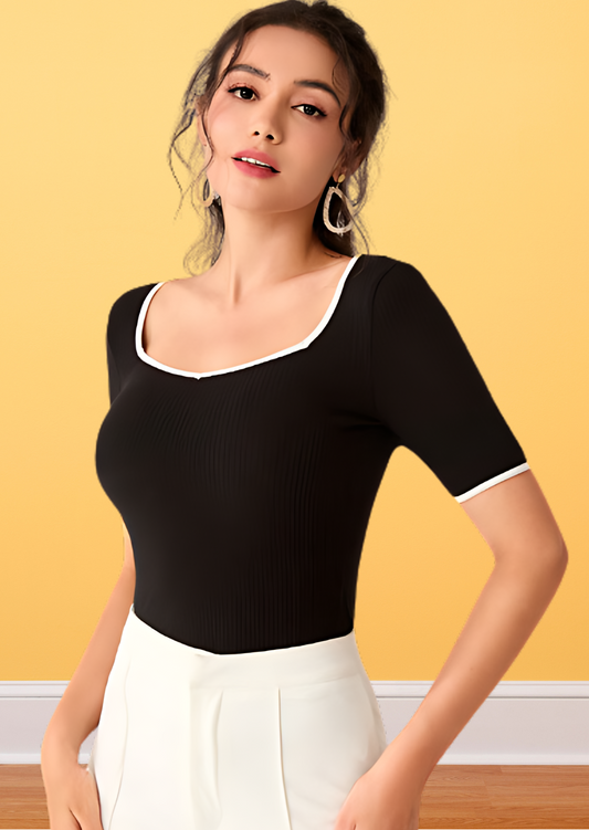 Black Solid ribbed Top for Women