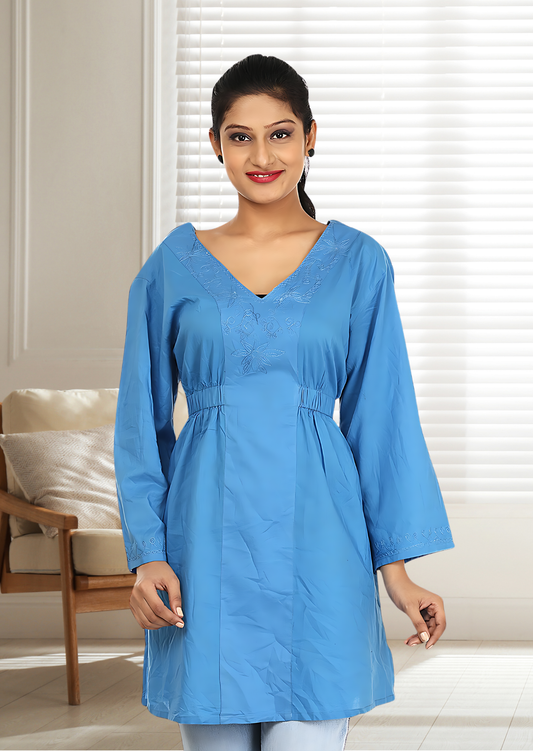 Blue Cotton Embroidered Long Top