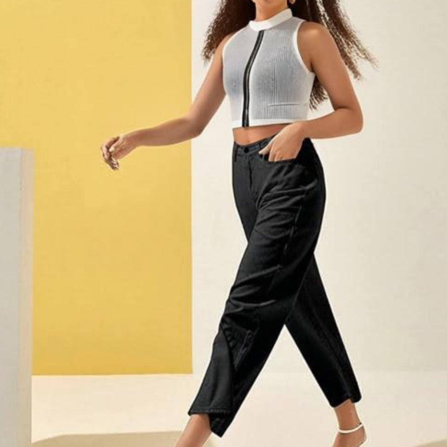Zipper Solid Ribbed Top for Women