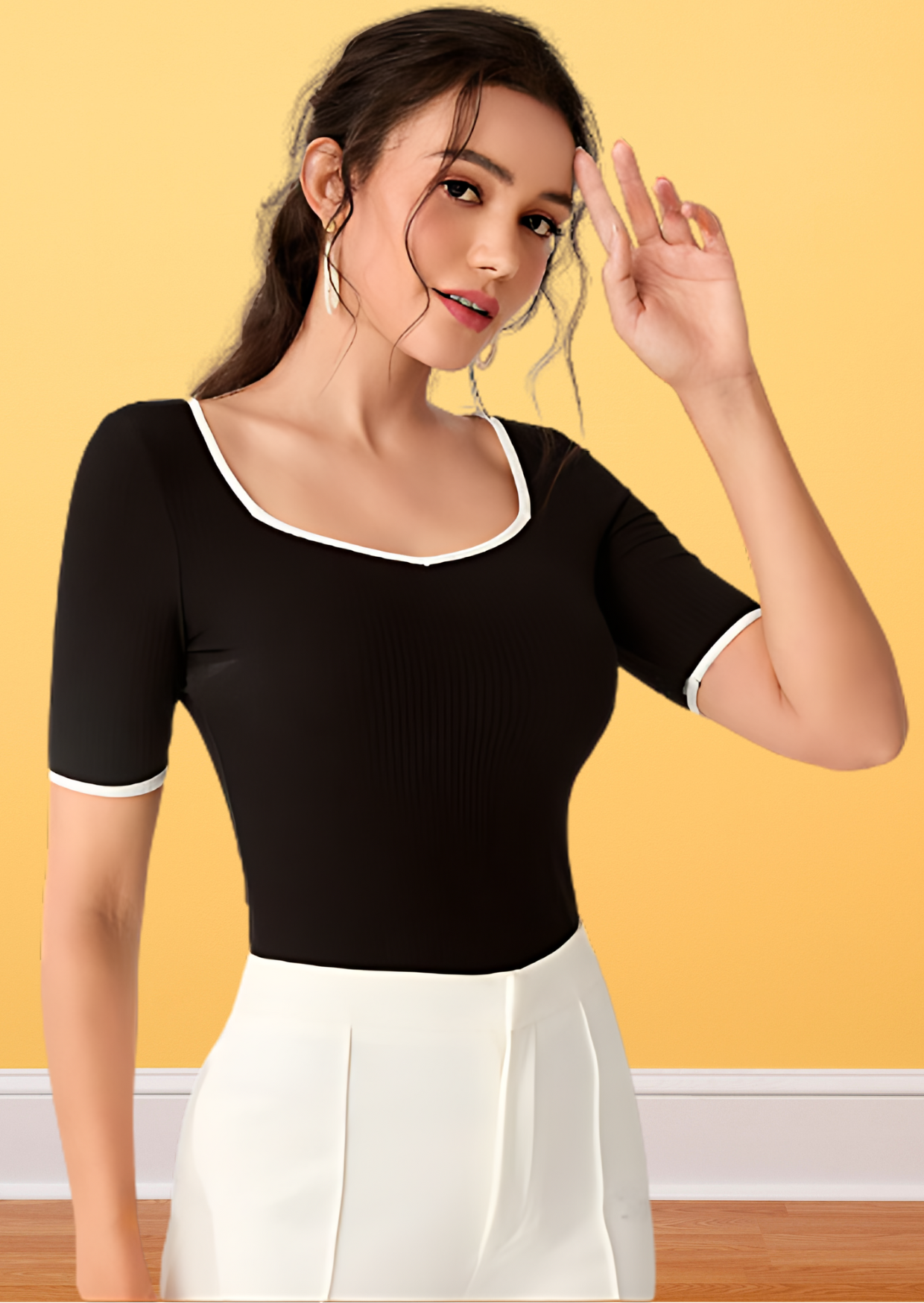 Black Solid ribbed Top for Women