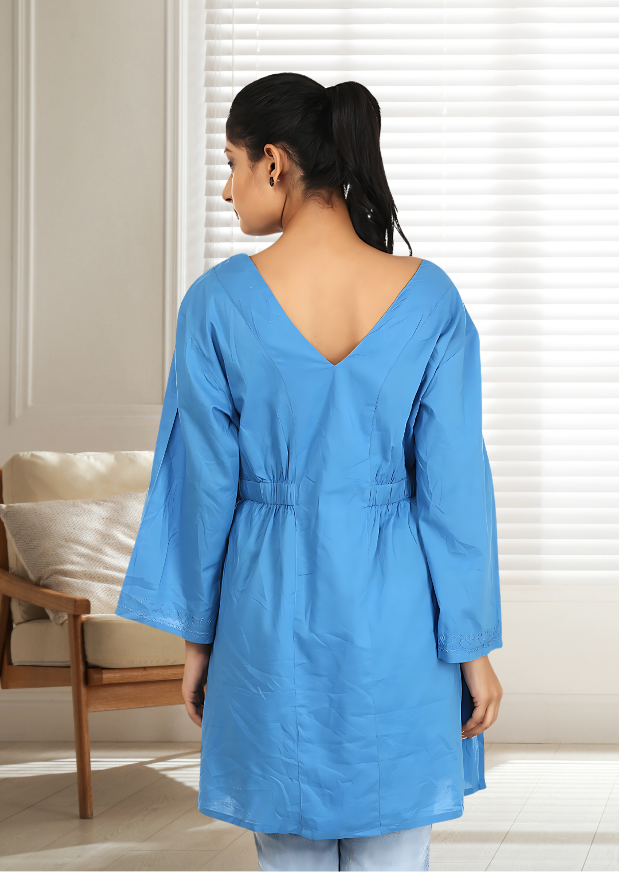 Blue Cotton Embroidered Long Top