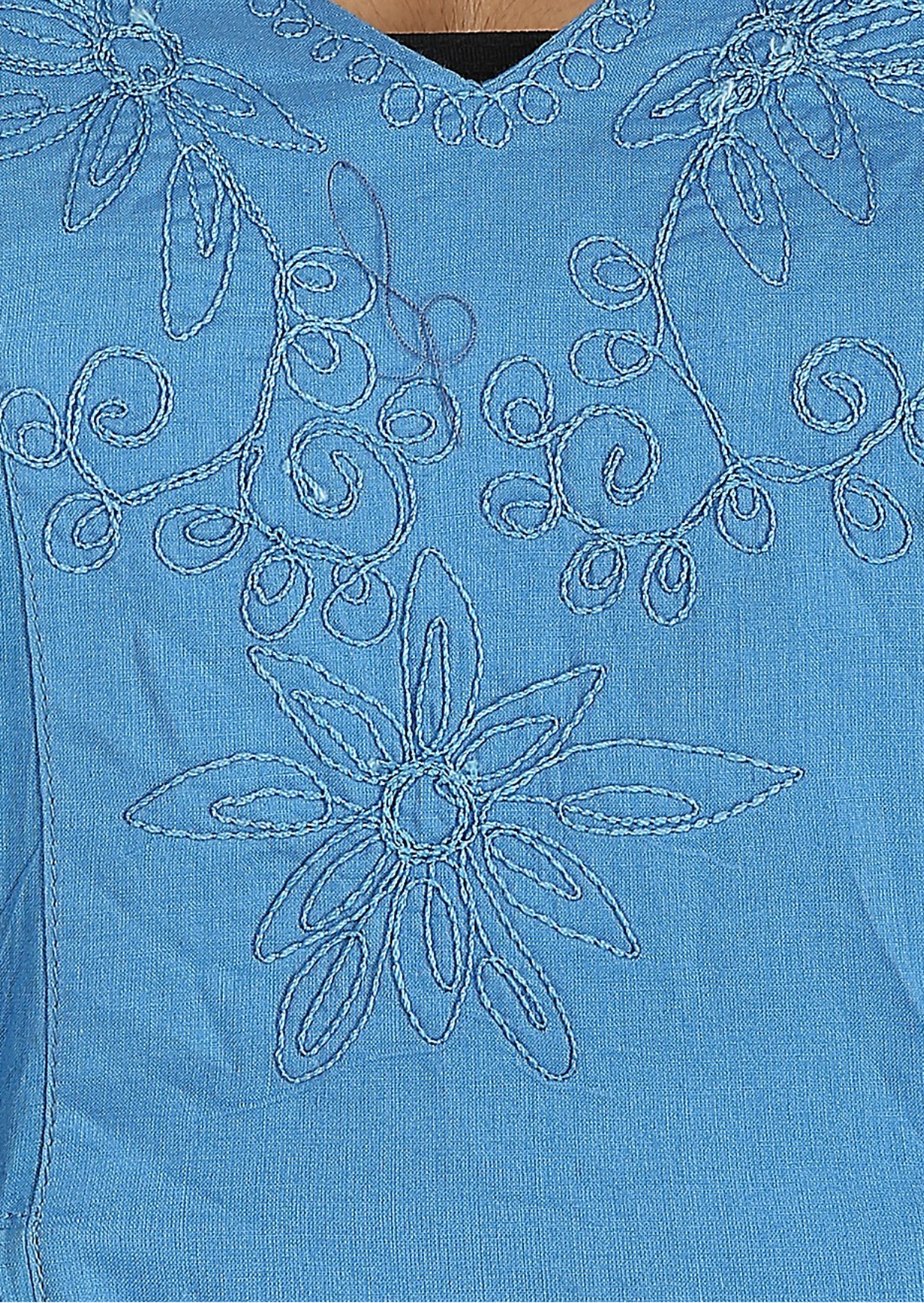 Blue Cotton Embroidered Long Top