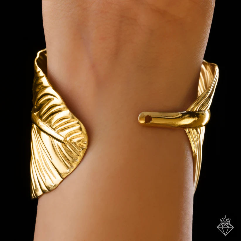 Gold Plated, Anti-Tarnish Golden Leaf Bangle Bracelet (Adjustable Size)