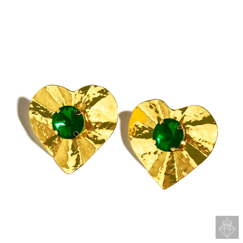 Gold Plated, Anti-Tarnish Golden Heart Hammered Studs With Emerald Crystal✨